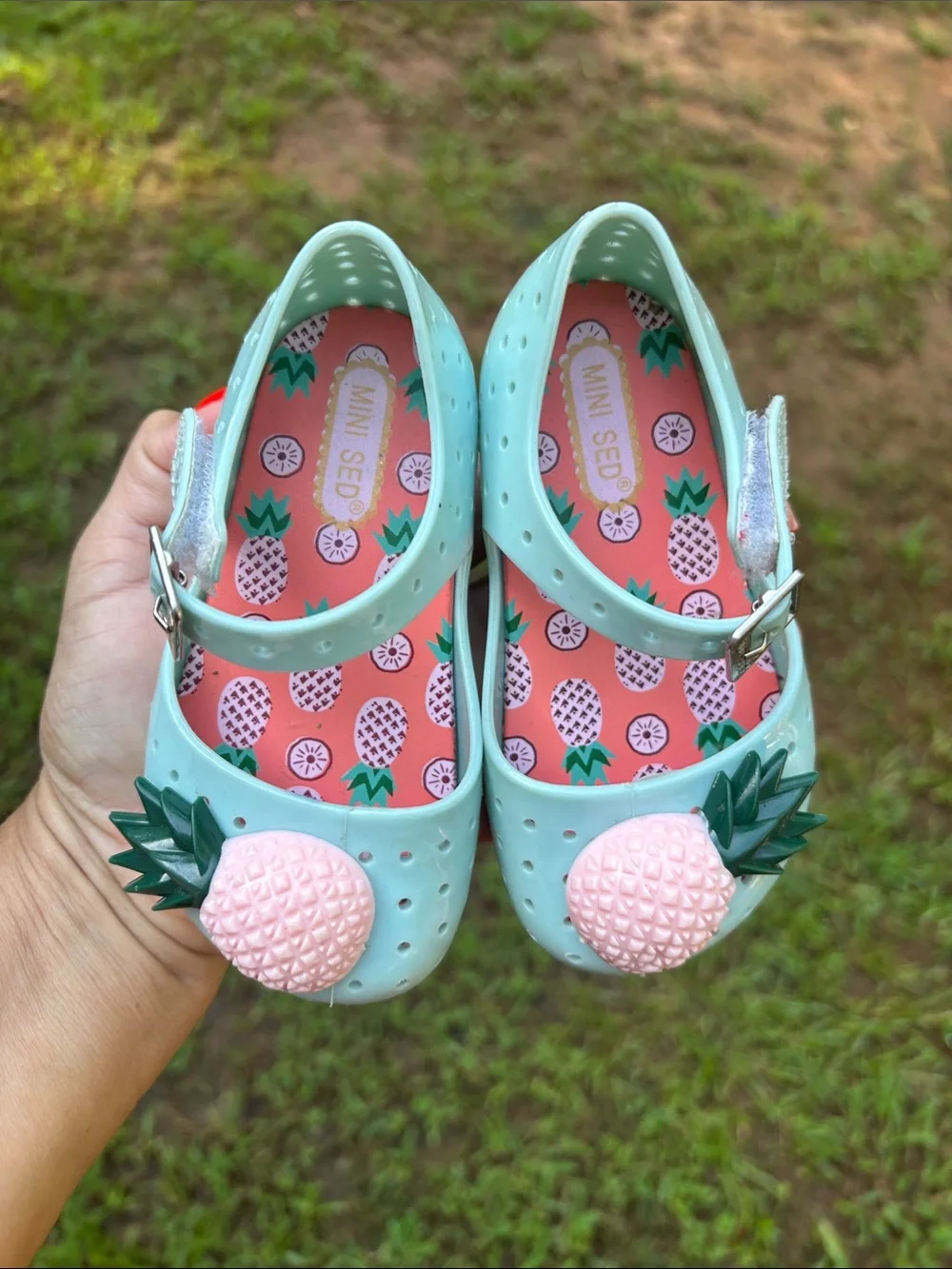 Mini Seed Mint Jelly Mary Janes with Pink Pineapple Appliqués
